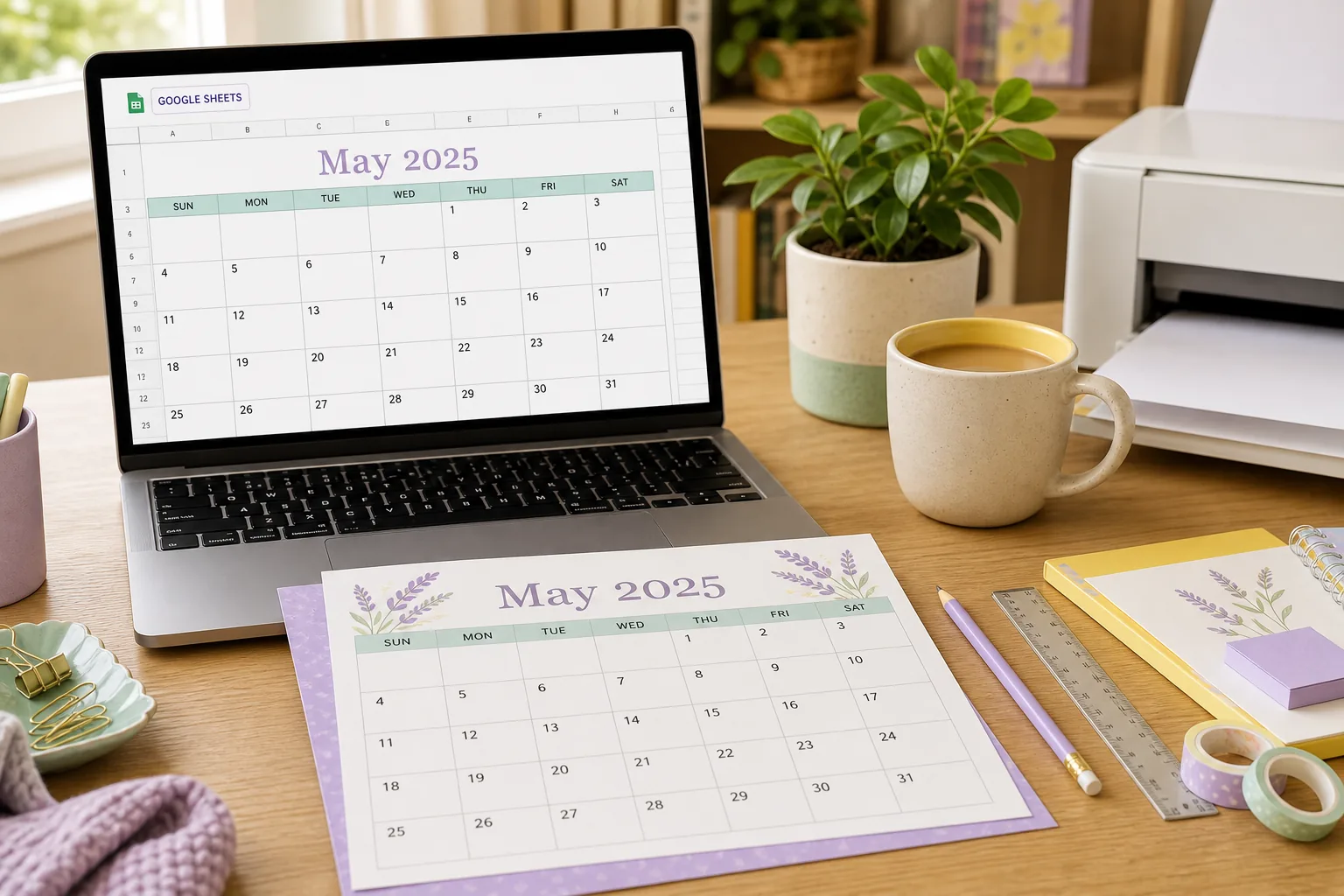 A spreadsheet-style calendar grid beside a printed calendar sheet, pencil, and ruler